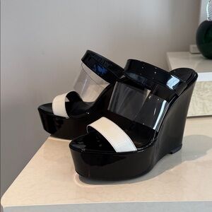 Ruthie Davis Black and White Triple Strap Wedges